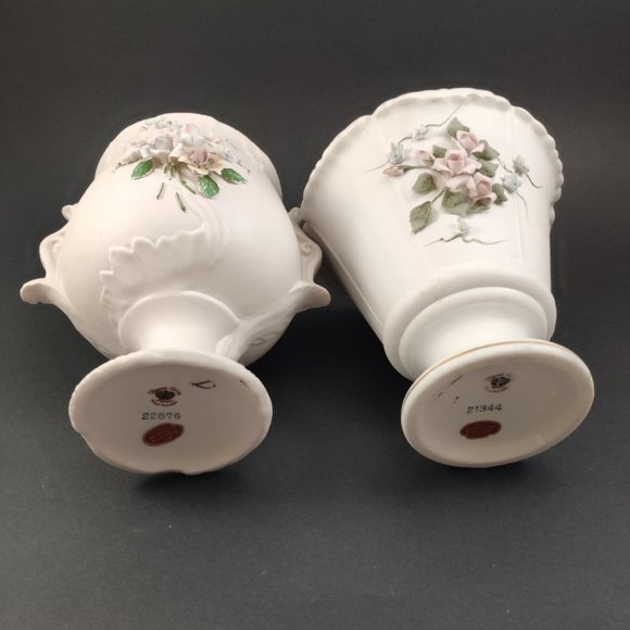 Japan L'Amour China Vases Set of 2, VTG Ceramic Planters Applied Flowers 6" - Picture 2 of 12